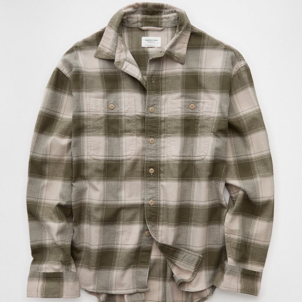 American Eagle Outfitters Green and Beige Plaid Shirt